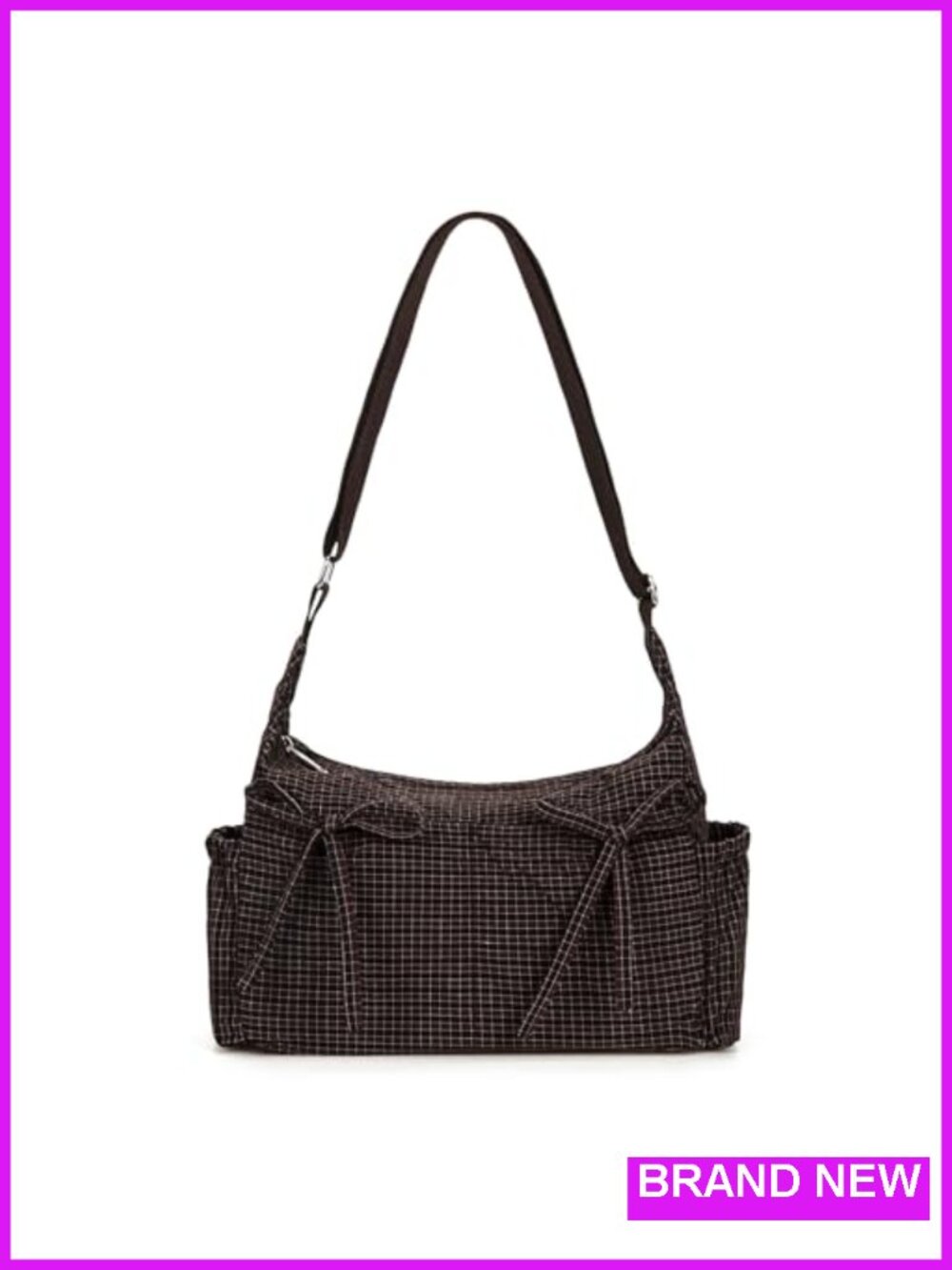 Plaid Bow Crossbody Bag Soft Canvas Messenger Purse Zipper Handbag Adjustable